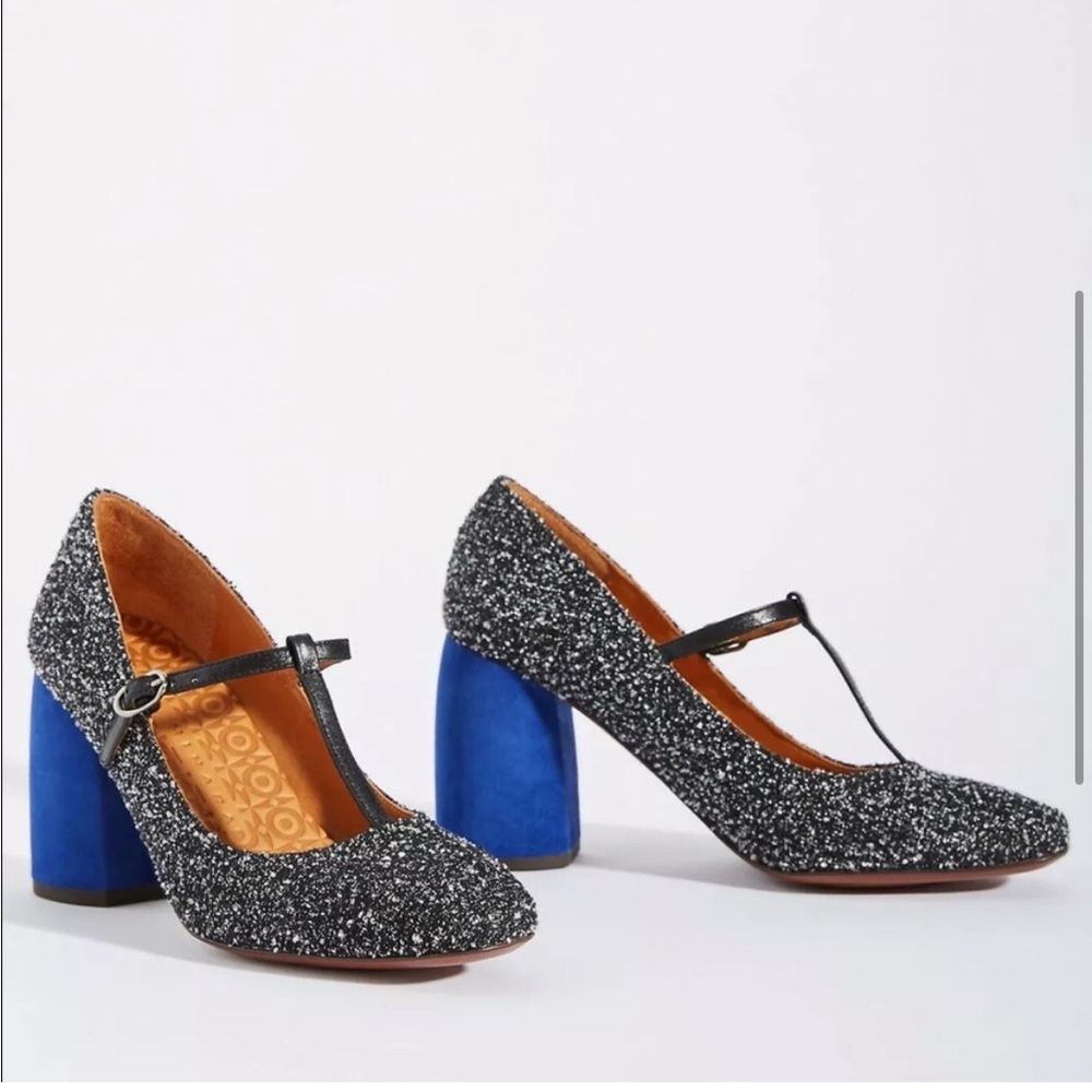 Chie Mihara Sassa Tweed & Royal Blue T-Strap Block Heel Pumps